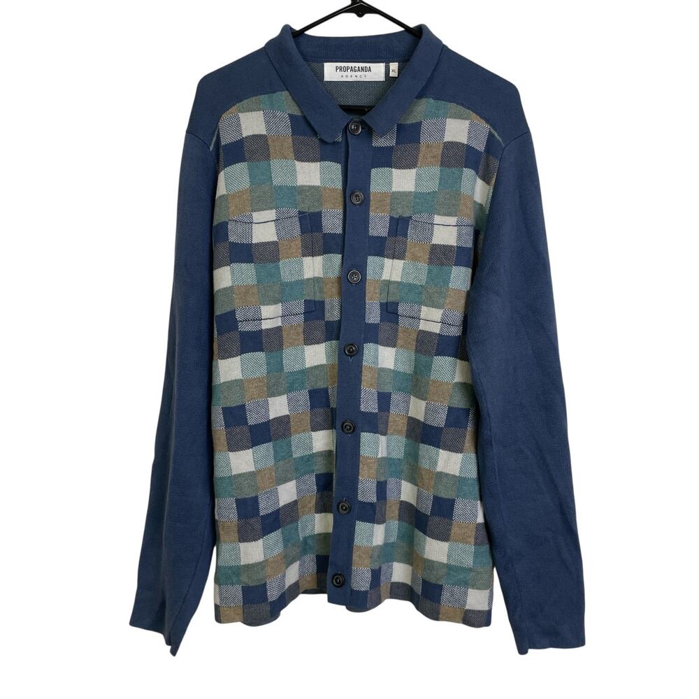 Propaganda Agency Cardigan Sweater Mens XL Blue Check Button Up Pima Cotton